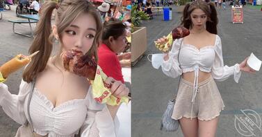 「双马尾巨乳模特萌妹」迪士尼大啃烤火鸡腿，火辣身材让人重点歪，H级美胸1