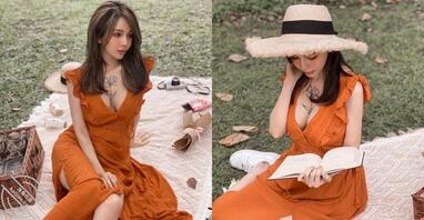 性感小野花「古榕榕」享受惬意野餐，「深V掏嫩乳」也让路人超陶醉