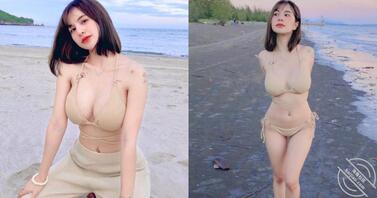 好强大的泰奶！「短髮巨乳妹」海边晒太阳，雄伟双峰闪闪发光威力太强大!